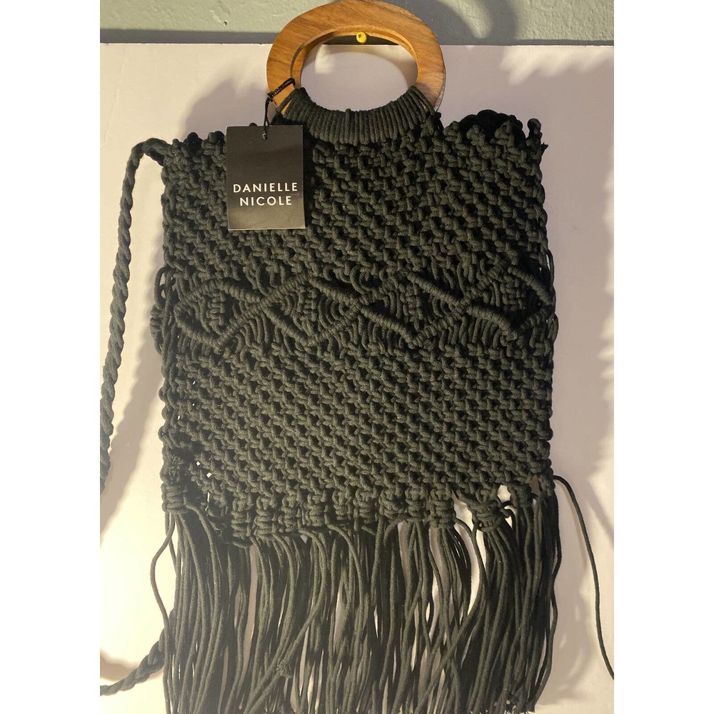Danielle Nicole Purse Womens Black Wooden Handle Macrame Fringe Bag Boho Hippie